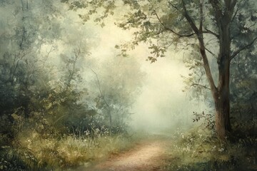 Obraz premium Misty Path Through Ethereal Forest Oil Painting with Soft Sunlight.