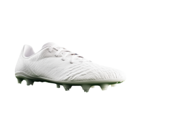 A close-up of a sleek white soccer cleat on vibrant green grass, ready for action in sports