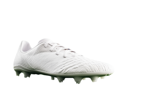 A close-up of a sleek white soccer cleat on vibrant green grass, ready for action in sports