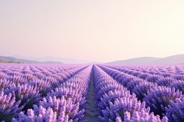 Fototapeta premium Serene Lavender Field at Sunrise Rows of Purple Blossoms Stretching to the Horizon under a Soft Pink Sky