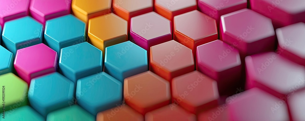 Poster Vivid gradient concept. Colorful hexagonal tiles arranged in a vibrant pattern, perfect for design projects.