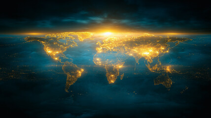 Global Illumination: A breathtaking aerial view of Earth at night, showcasing the mesmerizing glow of city lights across continents.