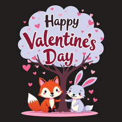 Cute cartoon fox and rabbit, Valentine's Day greeting, speech bubble, pink hearts, black background, kawaii style, vector illustration, flat design, adorable animal characters, romantic holiday artwor