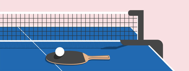 Table tennis background with ball, net, ping pong racket and table. Trendy sport concept of ping-pong with copy space. Design template for competition ads, tournament announcement.