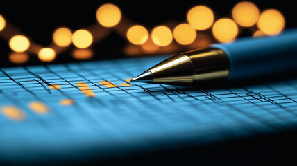 Blue Pen on Chart: A close-up shot of a blue pen poised over a detailed blue chart, illuminated by a bokeh of warm, golden lights in the background.