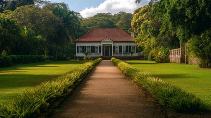 A beautiful colonial house surrounded by lush greenery. The charming pathway leads up to the stunning architecture. Nature complements this architectural marvel. Generative AI