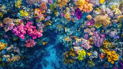 Obraz premium Vibrant Coral Reef Ecosystem with Diverse Fish and Marine Life, Aerial View.