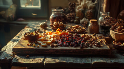 Fototapeta premium A still life of dried fruits, nuts, and spices on a wooden board. Earthy browns, reds, and golds create a warm, rustic atmosphere, highlighting the natural beauty and textures of the ingredients.