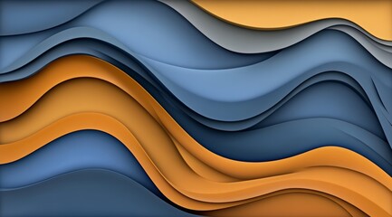 3D Abstract Wallpaper with Dark Blue and Orange Waves, Glowing Particles