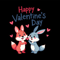 Cute cartoon foxes, Valentine's Day illustration, pink and blue animals, heart shapes, black background, cheerful typography, adorable woodland creatures, romantic greeting card style, vibrant colors,