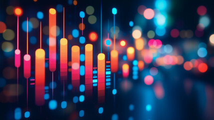 Vibrant Data Stream: Abstract visualization of dynamic data flow, rendered in a mesmerizing blend of orange, red, and blue hues against a blurred cityscape backdrop.