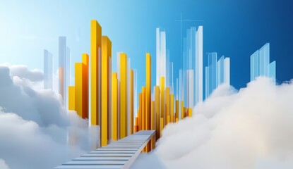 Obraz premium Ladder Reaching Up to the Clouds on a Yellow Background