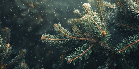 Close-up of Snowy Spruce Branches in Soft Focus, Winter Nature Scene.