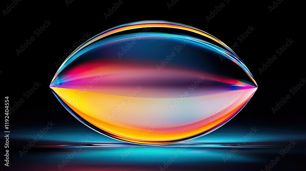 Poster minimal symmetry idea. a colorful, abstract sphere reflecting vibrant hues on a dark background.