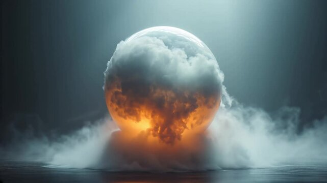 Transparent sphere filled with dense fog pouring out slowly symbolizes truth hidden in uncertainty, blending mystery and clarity in a minimalist, surreal setting