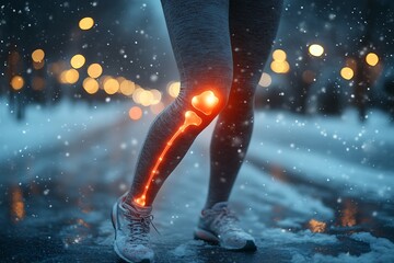 Woman's Knee Pain in Snowy City at Night