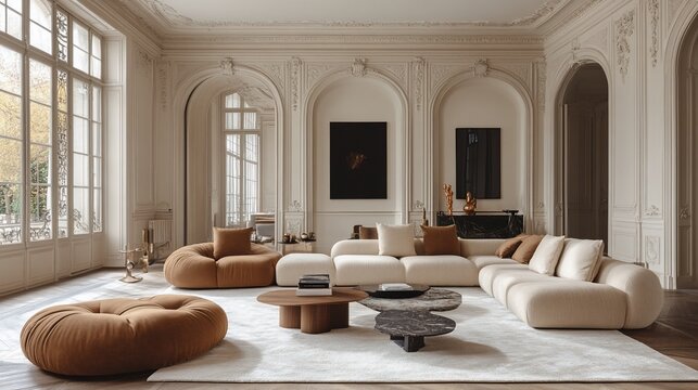 Luxurious Living Room Interior Design: Modern Beige and Brown Sofa Set in a Classic Parisian Apartment