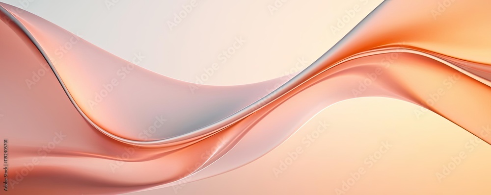 Poster Symmetry gradient concept. Abstract flowing waves in soft pink and orange hues create a serene and modern design.