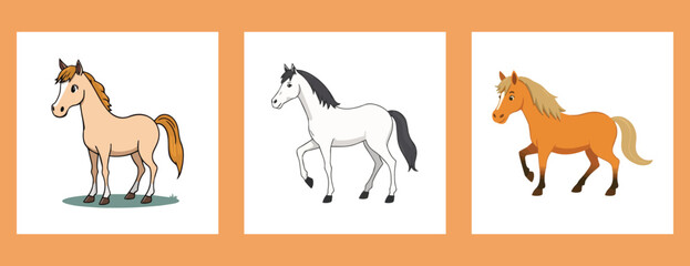 Three horse silhouettes, a vector illustration of farm animals, pony, donkey, stand isolated like wild stallions elements transparent background 