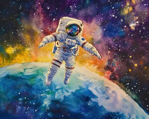Fototapeta premium Astronaut in Watercolor Painting Floating Above Planet Earth in Colorful Space Galaxy.