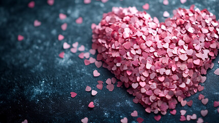 Obraz premium Heart-shaped confetti scattered on a dark surface for Valentine's Day celebration