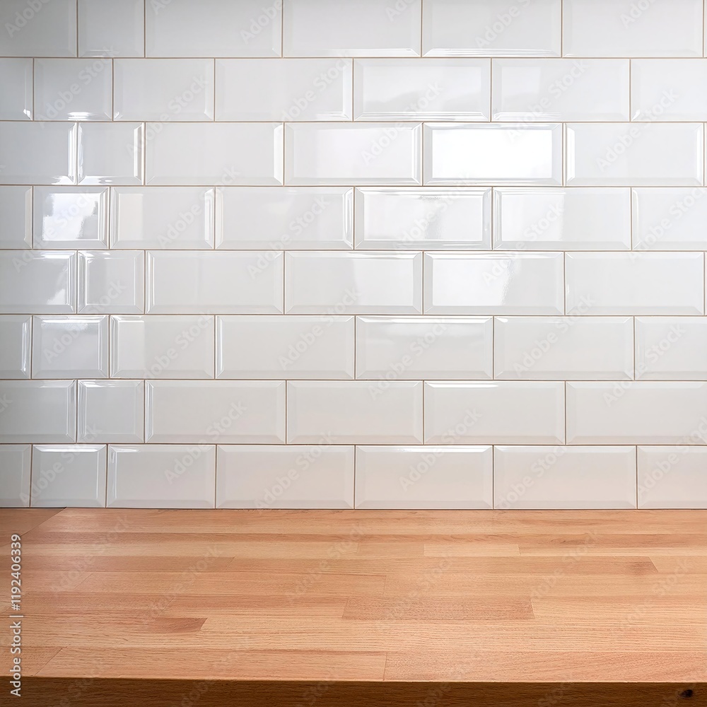Poster glossy white subway tiles with an empty smooth wooden countertop