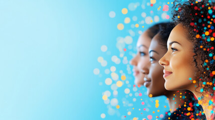 Fototapeta premium Profile view of three women of diverse backgrounds against a vibrant blue backdrop with colorful bokeh decorations, symbolizing diversity, unity, and celebration.
