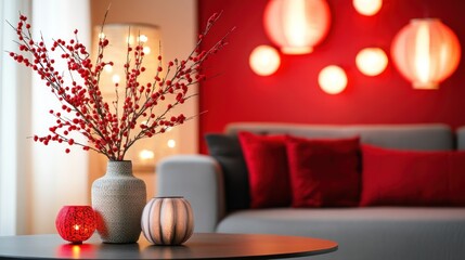A cozy living room with decorative vases and warm lighting creating an inviting atmosphere.