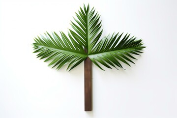 Creative arrangement of palm tree leaves and wooden stick forming a stylized palm tree on a white background