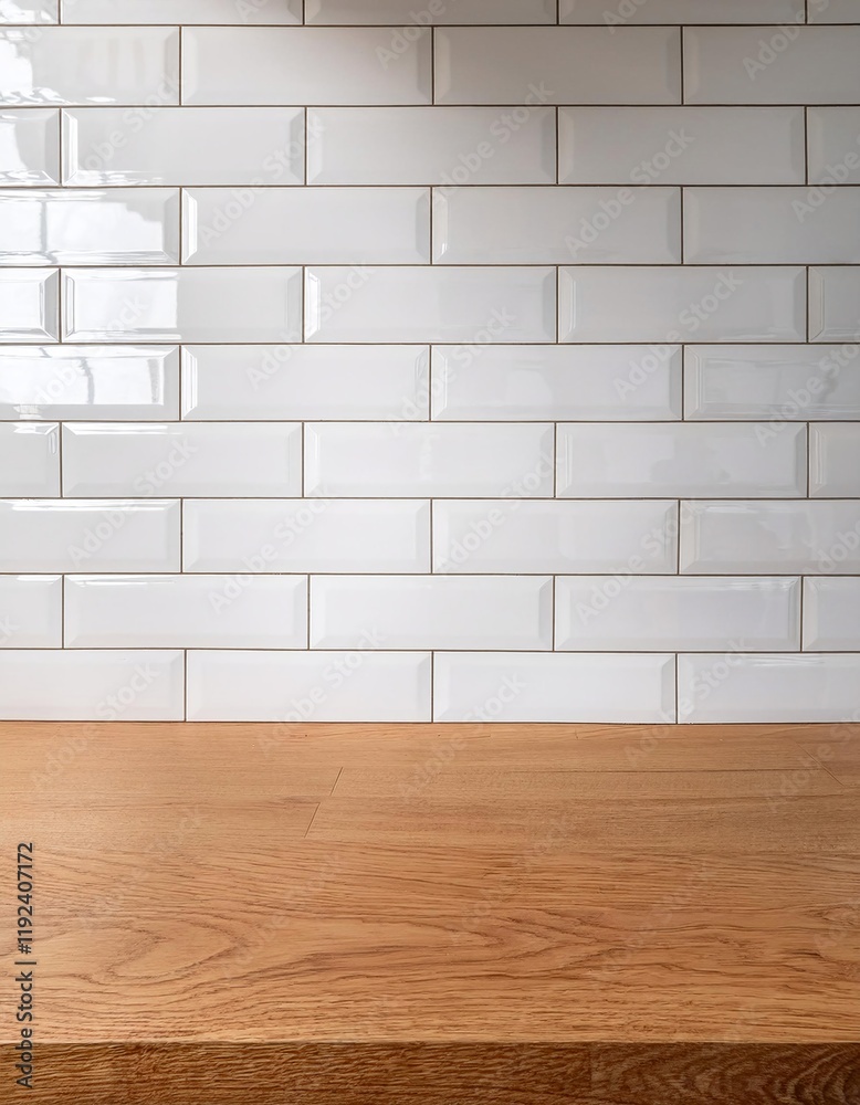 Poster glossy white subway tiles with an empty smooth wooden countertop