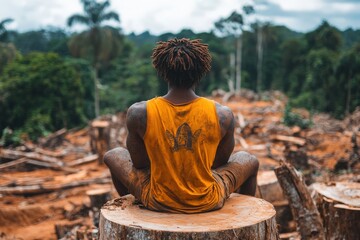 A man sits on a tree stump in a deforested area, contemplating the environmental impact.  His back is to the camera, showcasing his muscular physique and a dirty yellow tank top.