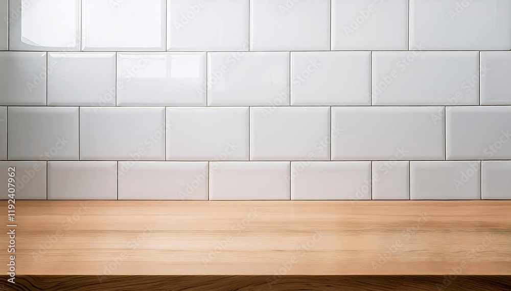 Poster glossy white subway tiles with an empty smooth wooden countertop