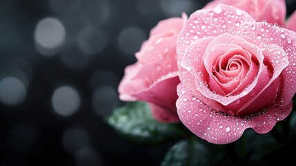 Close-up of Fresh Pink Roses with Water Drops on Petals Against a Soft Blurred Background