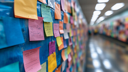 A Wall of Ideas: A vibrant and colorful collection of sticky notes adorn a blue wall, each one holding a unique message. The notes blur into a vibrant, abstract tapestry of ideas and thoughts.