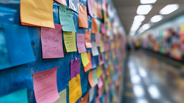 A Wall of Ideas: A vibrant and colorful collection of sticky notes adorn a blue wall, each one holding a unique message. The notes blur into a vibrant, abstract tapestry of ideas and thoughts.