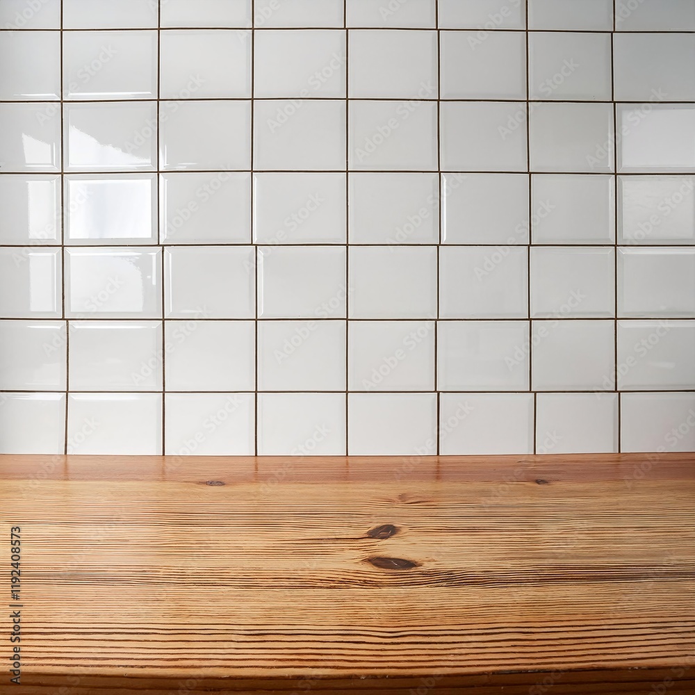 Poster glossy white subway tiles with an empty smooth wooden countertop