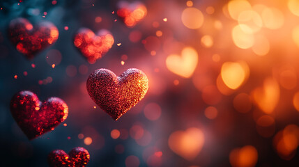 Obraz premium Many glittering hearts float against a warm, colorful background for Valentine's Day celebration