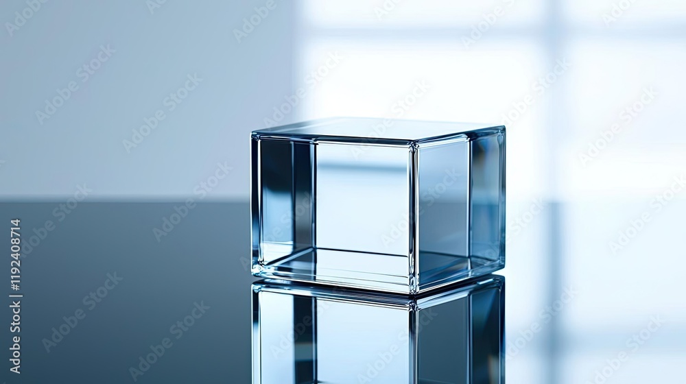 Poster Minimal symmetry idea. A clear glass cube reflecting light and shadow on a smooth surface.