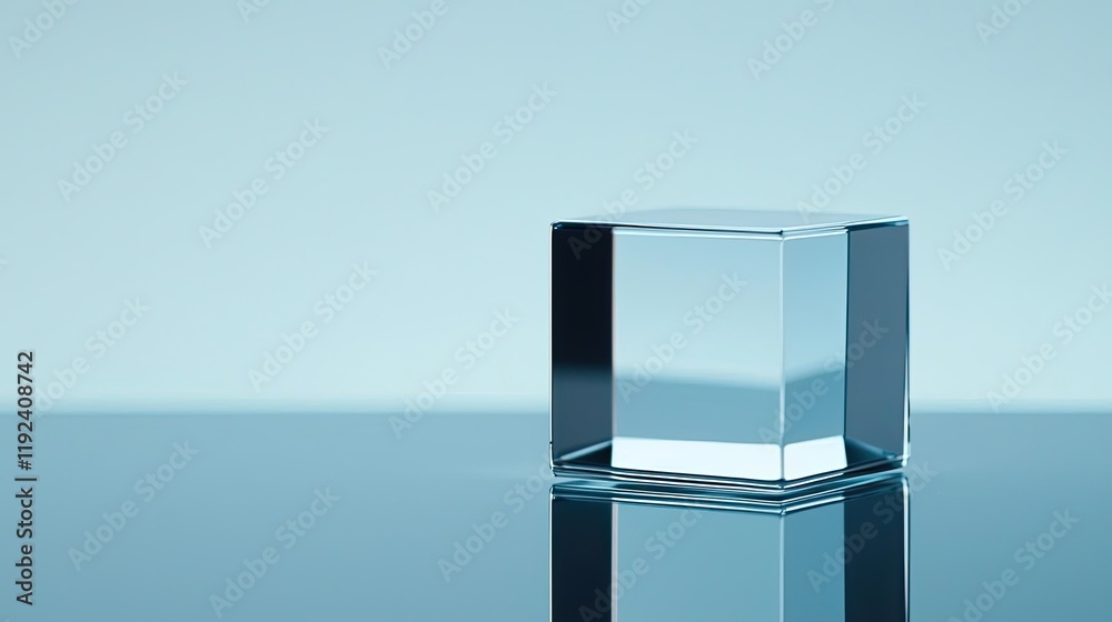 Poster Minimal symmetry idea. A glass cube reflecting light in a minimalistic, elegant setting on a smooth surface.