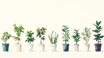 Obraz premium Watercolor Painting of Ten Potted Plants in a Row Against a White Background.