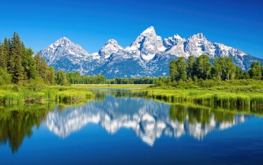 Naklejka premium Majestic Grand Teton Mountain Range Reflected in Calm Lake under Clear Blue Sky.