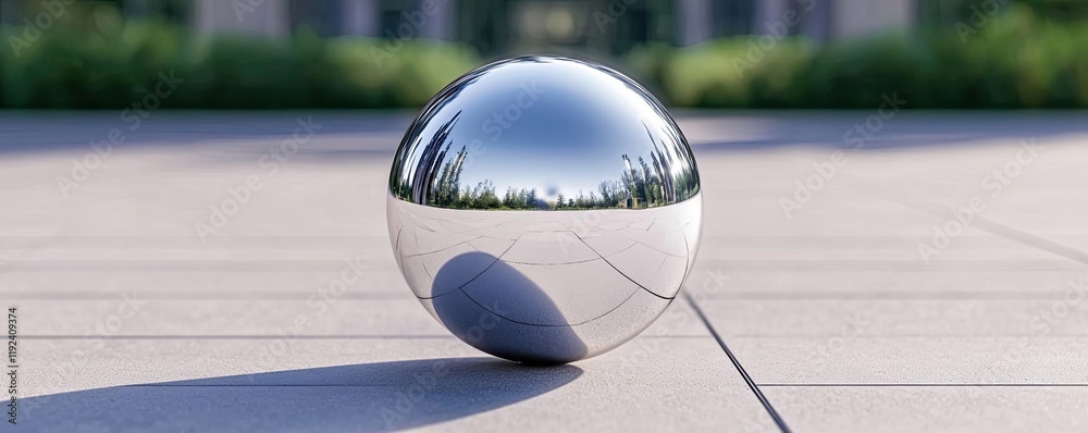 Poster Minimal symmetry idea. A reflective sphere on a smooth surface, showcasing stunning light and shadow effects.