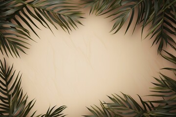 Fototapeta premium Tropical palm leaves forming a natural frame on a beige background, providing copy space for design or text