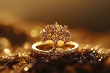 A delicate gold ring with a miniature tree growing from it adorned with diamonds placed on a soft glowing background