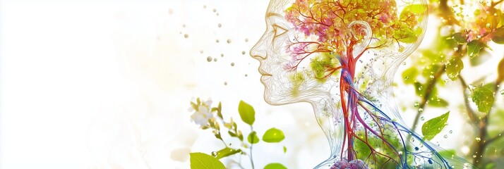 A detailed human nervous system integrated with natural elements like leaves and flowers on a white background