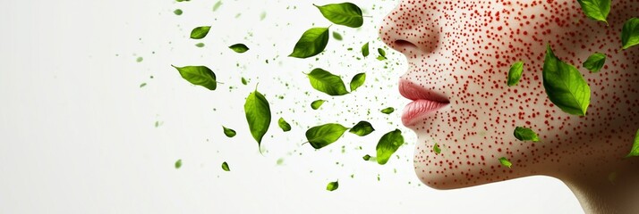 A close up of a face with red allergy like spots transforming into flying green leaves on a white background