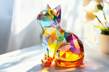 A multicolored glass figurine of a cat with geometric facets reflecting light. Placed on a white...