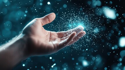 A hand reaching out to touch a glowing network node, signifying human interaction with technology, digital communication, and the ever expanding digital world.