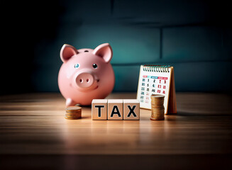 A pink piggy bank sits beside wooden blocks spelling "TAX", a small calendar, and stacked coins on a wooden surface.  It represents financial planning and tax season.