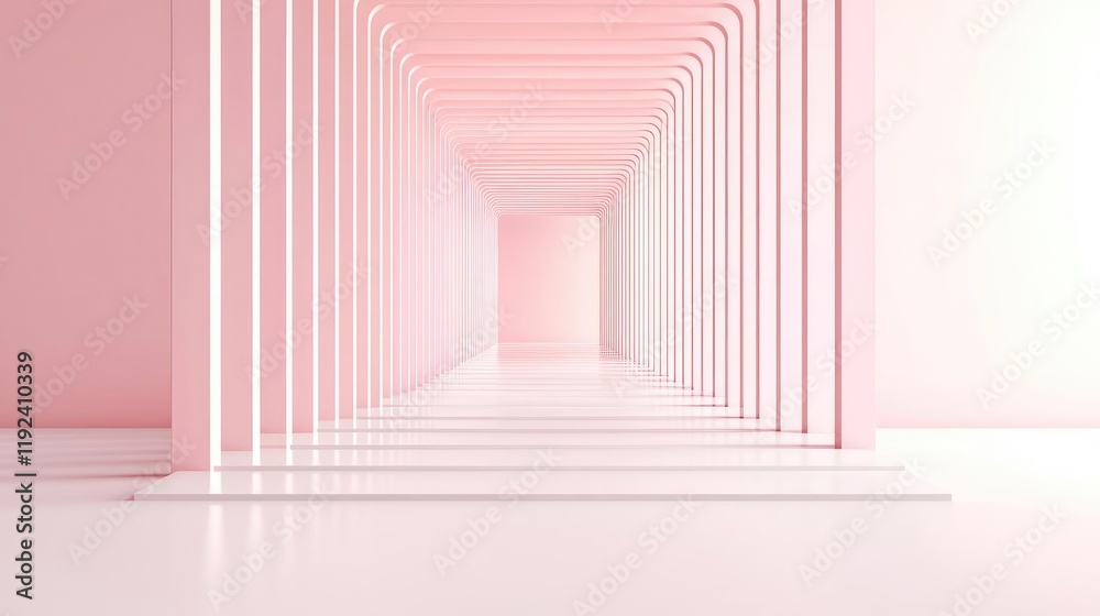 Poster minimal symmetry idea. a modern pink hallway with a minimalist design and symmetrical lines offering